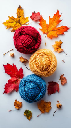 Six vibrant yarn balls in shades of blue, orange, gray, and red are arranged vertically. Surrounding them are assorted autumn leaves in warm hues of red, orange, and yellow.の素材