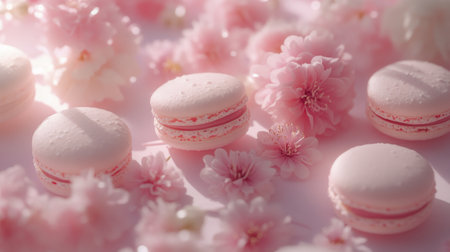 A delightful arrangement features pink macarons nestled among soft cherry blossoms, creating a romantic atmosphere perfect for a celebration or dessert party.の素材