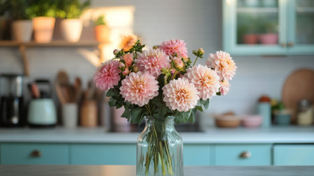 A stunning bouquet of pink dahlias in a clear vase sits on a kitchen counter, surrounded by pastel decor and warm morning light filtering through the windows.の素材