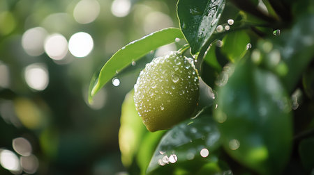 Limes hang in clusters on a vibrant green tree surrounded by lush leaves. The warm sunlight illuminates the scene, highlighting the fruits fresh appearance.の素材