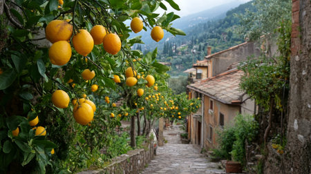 Limes hang in clusters on a vibrant green tree surrounded by lush leaves. The warm sunlight illuminates the scene, highlighting the fruits fresh appearance.の素材