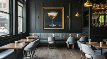 A contemporary restaurant features sleek furniture, large windows illuminating the space, and a striking art piece of a glass of drink. The atmosphere is chic and inviting.の素材
