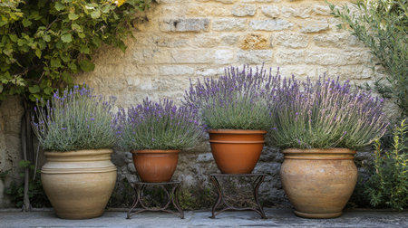 Four terracotta pots of lavender are displayed against a rustic stone wall. The vibrant purple flowers add color to the serene outdoor setting, showcasing a tranquil atmosphere.の素材