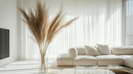 Soft natural light fills a cozy living room showcasing a stylish arrangement of dried pampas grass in a clear vase. Neutral tones enhance the inviting atmosphere.の素材