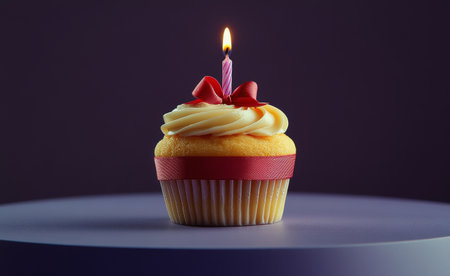 A beautifully decorated cupcake sits against a rich purple background. Topped with creamy frosting and a lit pink candle, it is surrounded by vibrant red ribbons, perfect for celebrations.の素材