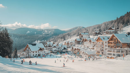 Skiers and snowboarders take advantage of the snowy slopes in a charming mountain village surrounded by snow-covered trees and stunning blue skies.の素材