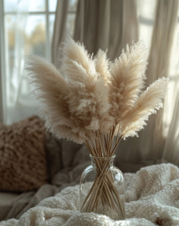 Tall dried pampas grass is elegantly arranged in a glass vase sitting on a wooden table next to a window with soft fabric curtains. The warm light enhances the cozy atmosphere.の素材