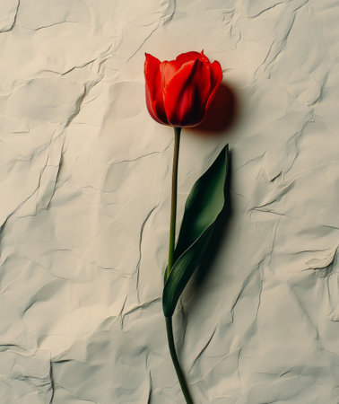 A vibrant red tulip with soft petals and green leaves rests on a clean white surface, showing its natural beauty in a serene composition.の素材