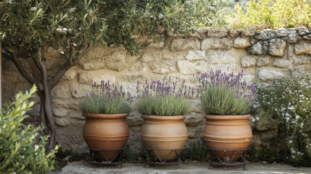 Four terracotta pots of lavender are displayed against a rustic stone wall. The vibrant purple flowers add color to the serene outdoor setting, showcasing a tranquil atmosphere.の素材