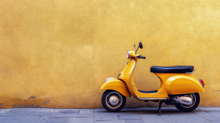A bright yellow scooter stands alone next to a striking yellow wall in a city. The sunny ambiance highlights the scooters vintage design and character, adding charm to the scene.の素材