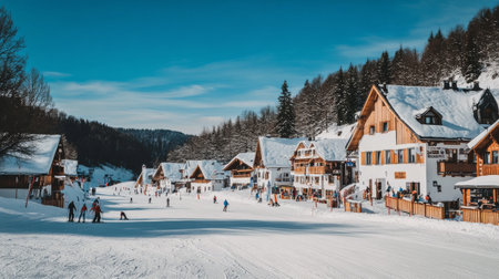 Skiers and snowboarders take advantage of the snowy slopes in a charming mountain village surrounded by snow-covered trees and stunning blue skies.の素材