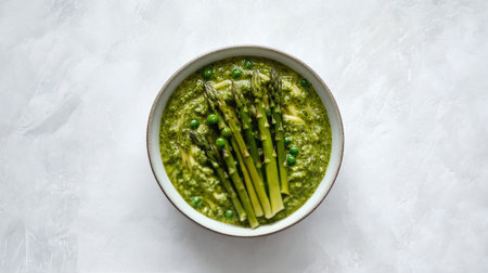 This vibrant green soup features fresh asparagus and peas, garnished elegantly. The dish is served in a simple white bowl against a light background, showing its creamy texture.の素材