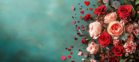 A vibrant bouquet of pink and white flowers is arranged against a turquoise backdrop, with small red heart shapes sprinkled around to enhance the romantic theme.の素材