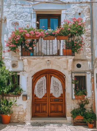 A beautiful stone cottage features an intricately designed wooden door framed by vibrant pink flowers cascading from the balcony. The quaint village setting adds charm and warmth.の素材