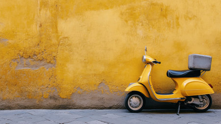 A bright yellow scooter stands alone next to a striking yellow wall in a city. The sunny ambiance highlights the scooters vintage design and character, adding charm to the scene.の素材