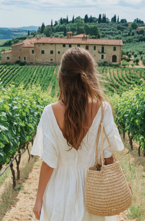A woman strolls barefoot down a dirt path in a lush vineyard in Tuscany. The vibrant green grapevines stretch across rolling hills under a bright sky.の素材