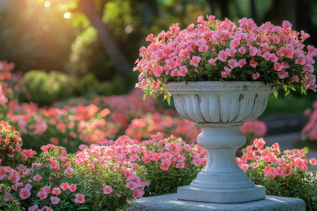 A large pot filled with pink flowers stands prominently in a lush garden. Soft sunlight highlights the vibrant blooms, creating a serene and inviting atmosphere.の素材