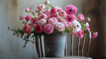 A colorful display of pink and purple flowers in a black pot sits atop a vintage wooden chair. The background features a weathered wooden wall, enhancing the garden atmosphere.の素材