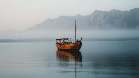 A wooden boat drifts quietly on a serene lake, enveloped in mist. Mountain silhouettes rise in the background, creating a tranquil atmosphere at sunrise.の素材