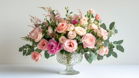 A vibrant bouquet features a mix of pink and red roses, surrounded by greenery in a glass vase. The arrangement enhances the ambiance of any space, showing natures beauty.の素材