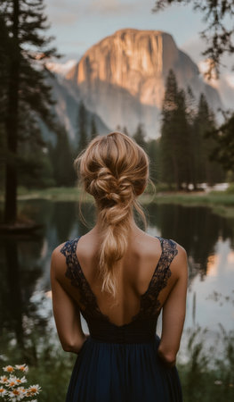 A person stands still in shallow water, surrounded by vibrant autumn trees. The calm water perfectly reflects the towering mountain and the colorful foliage, creating a tranquil atmosphere.の素材