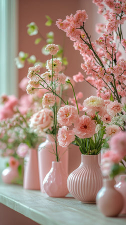 Delicate pink flowers are elegantly arranged in an array of vases, showing a harmonious blend of shapes and shades. This setup brightens the indoor space with a tranquil atmosphere.の素材