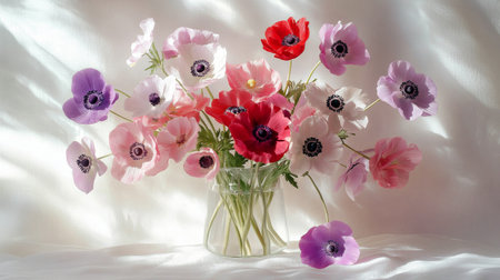 A stunning arrangement of vibrant anemone flowers in shades of purple, pink, and red fills a clear glass vase, creating a joyful and lively atmosphere on a bright, soft background.の素材