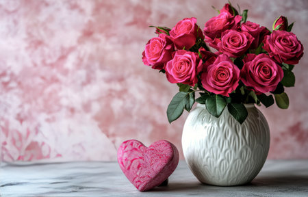 A vibrant display of pink roses arranged in a white vase sits next to a neatly wrapped gift with a ribbon. Soft pink backdrop enhances the romantic atmosphere.の素材