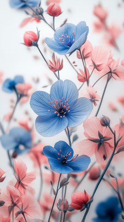 Delicate blue and pink flowers bloom together, creating a vibrant arrangement. Soft petals and intricate details enhance the beauty of this floral display.の素材