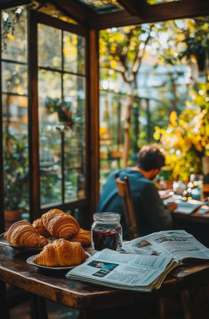 Three golden croissants are arranged neatly on a wooden board alongside a small bowl of rich sauce. The setting is cozy and inviting, perfect for a snack.の素材