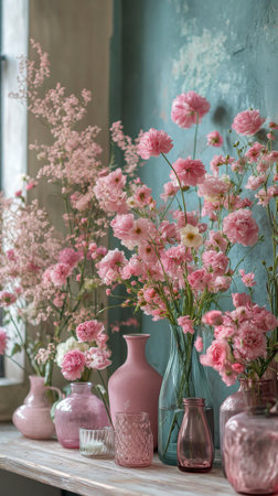 Delicate pink flowers are elegantly arranged in an array of vases, showing a harmonious blend of shapes and shades. This setup brightens the indoor space with a tranquil atmosphere.の素材