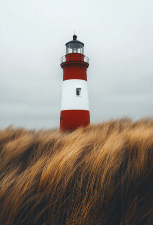 A tall lighthouse with red and white stripes rises above golden grass, creating a serene coastal view on an overcast day. The lighthouse stands watch over the calm waters nearby.の素材