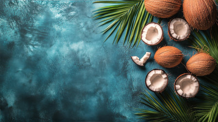 Fresh coconuts are arranged on a textured blue surface, showing their brown exterior and white interior. Some pieces are cut and scattered nearby, highlighting their freshness.の素材