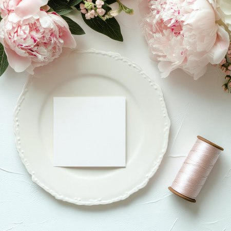 A blank card sits on a decorative white plate next to a spool of pale pink thread and a fresh peony flower. This arrangement invites creative crafting opportunities.の素材