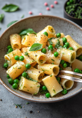 Rigatoni pasta is elegantly plated with a vibrant basil pesto and fresh green peas, garnished with a basil leaf. The rustic bowl enhances the dishes appeal.の素材