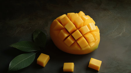 Bright yellow mango cubes are artistically arranged with fresh green leaves on a dark backdrop. The contrasting colors highlight the fruits sweetness and freshness, inviting a taste.の素材