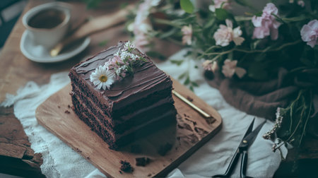 A rich chocolate cake layered and beautifully decorated with edible flowers sits on a rustic wooden board. Nearby, a cup of coffee adds warmth to the inviting setup surrounded by greenery.の素材