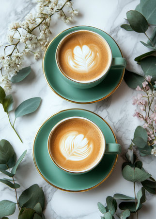 Two elegant coffee cups sit on saucers, each adorned with a heart-shaped foam design. They are placed among fresh flowers and eucalyptus leaves, creating a serene atmosphere.の素材