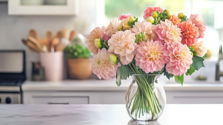 A stunning bouquet of pink dahlias in a clear vase sits on a kitchen counter, surrounded by pastel decor and warm morning light filtering through the windows.の素材