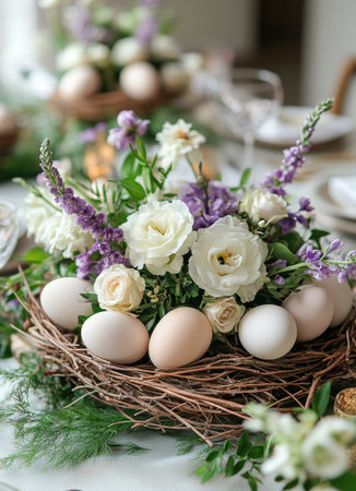 A beautiful arrangement of white and purple roses, green accents, and an elegant white egg nestled in a woven nest, perfect for spring celebrations and decorative tablescapes.の素材