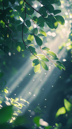 Sunlight gently illuminates vibrant green leaves, creating a tranquil atmosphere in a lush, natural environment on a clear day. The interplay of light and shadow adds depth to the foliage.の素材