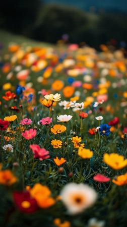 A vibrant meadow is filled with an array of wildflowers in various colors. The bright blooms create a stunning natural landscape under clear blue skies, inviting nature lovers to explore.の素材