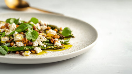 A vibrant salad features grilled asparagus, roasted tomatoes, and crumbled cheese, drizzled with olive oil, served in an elegant bowl. The dish showcases a colorful and appetizing arrangement.の素材