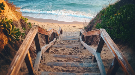 Wooden steps descend towards a peaceful beach, framed by lush greenery. The ocean in the background shows gentle waves lapping at the shore. Time is late afternoon.の素材