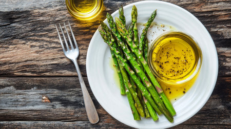 A plate of fresh asparagus spears served with a side of olive oil seasoned with spices, placed on a rustic wooden table, showing a healthy and appetizing dish.の素材