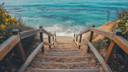 Wooden steps descend towards a peaceful beach, framed by lush greenery. The ocean in the background shows gentle waves lapping at the shore. Time is late afternoon.の素材