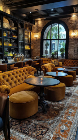 A cozy lounge area features vintage leather sofas, warm lighting, and lush plants. Guests enjoy drinks at the bar with elegant decor and a welcoming ambiance.の素材