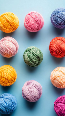 Brightly colored yarn balls are neatly arranged in a circular pattern on a blue background, inviting creativity and crafting. Each ball showcases a unique shade and texture.の素材