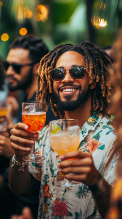 A man with dreadlocks and sunglasses holds two colorful cocktails while smiling joyfully. The vibrant outdoor party features friends enjoying themselves, surrounded by tropical greenery.の素材