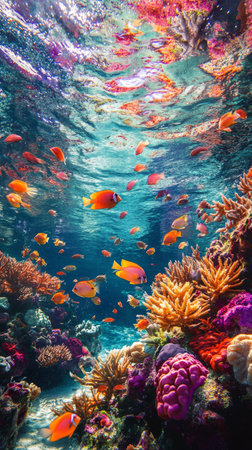 A lively underwater environment showcases various species of fish swimming among a stunning coral reef. The sunlight filters through the water, illuminating the vibrant colors.の素材